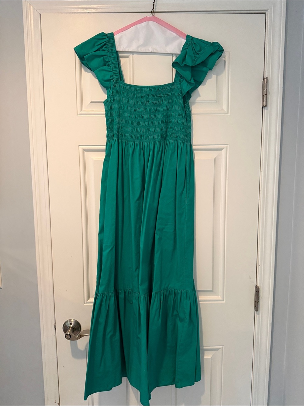 Smocked Teal Maxi Dress with Ruffle Sleeves